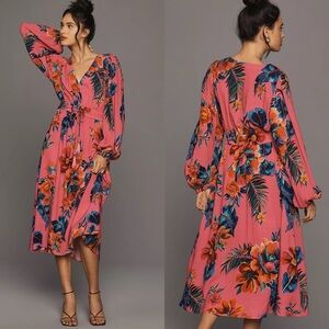 NWT Anthropologie Farm Rio Long-Sleeve V-Neck A-Line Midi Dress